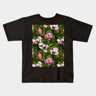 Blooming magnolia on dark green Kids T-Shirt